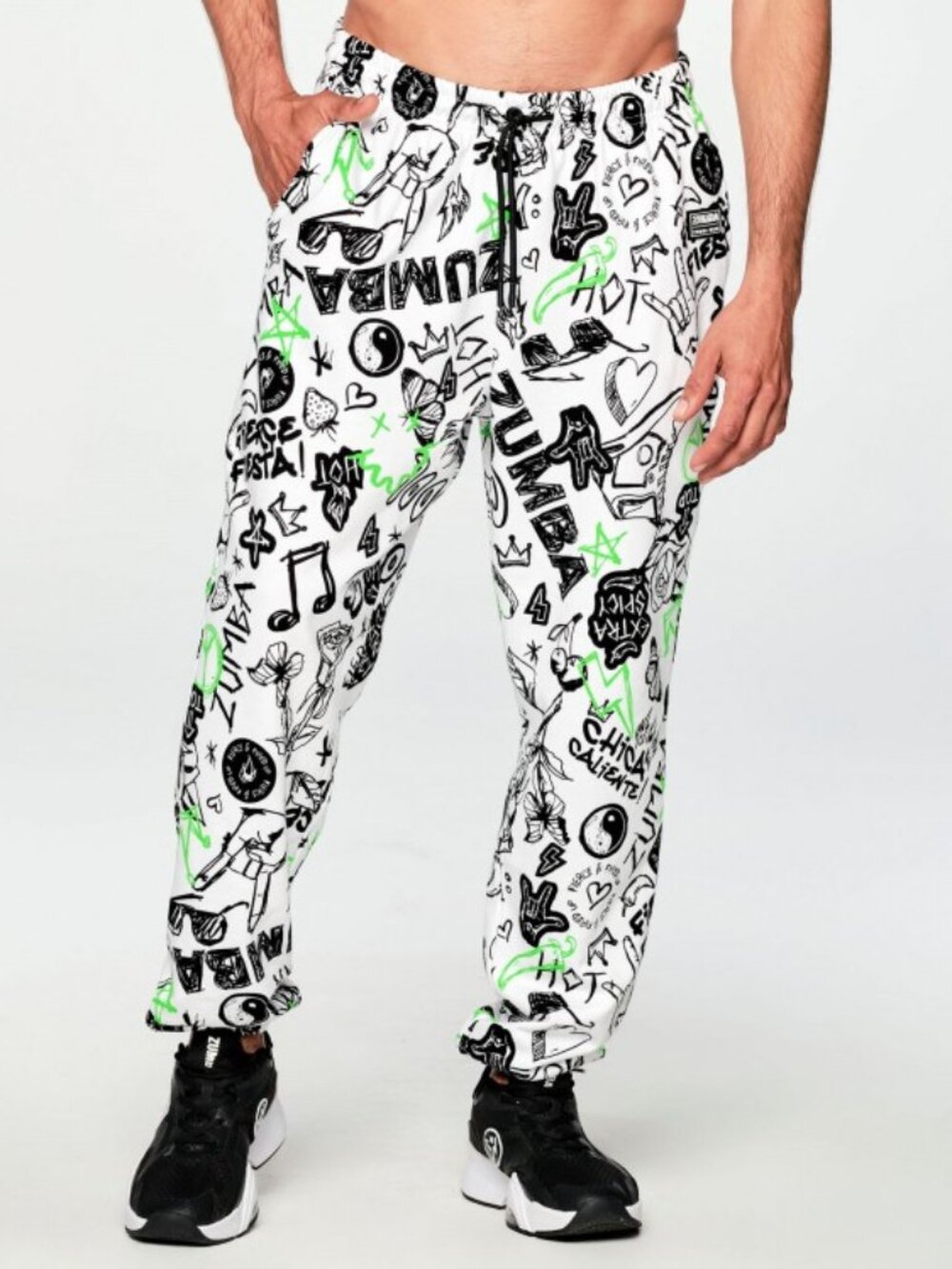 Zumba Fitness White Scribble Print Track Pants with Neon Green Accents
